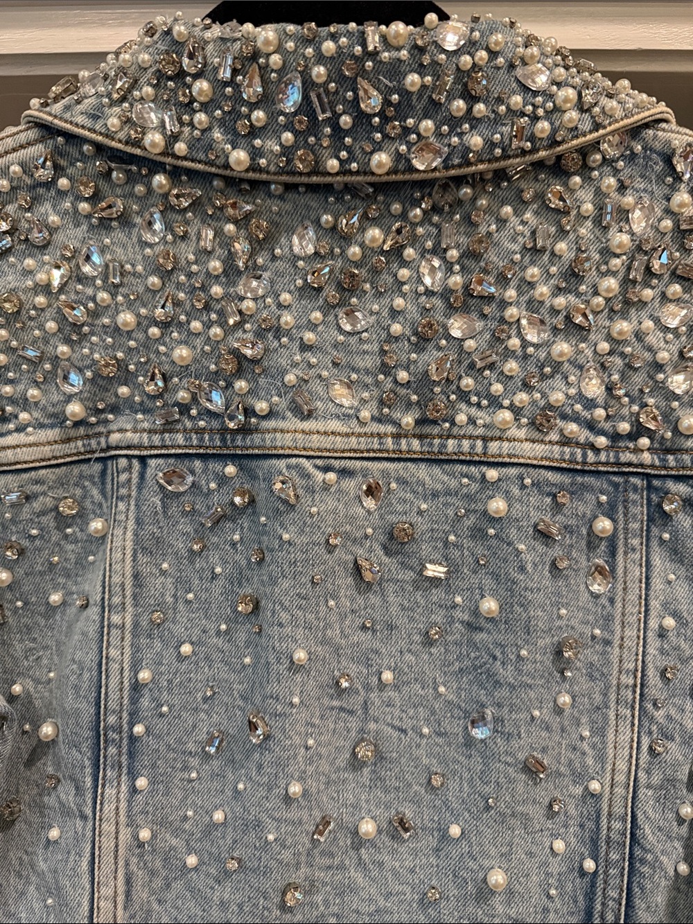 Alice + Olivia Light Wash Pearl-Embellished Denim Jacket - Picture 4 of 4